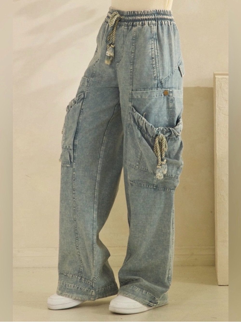 Oli & Hali washed elastic waist string point big pockets pants Large NWT